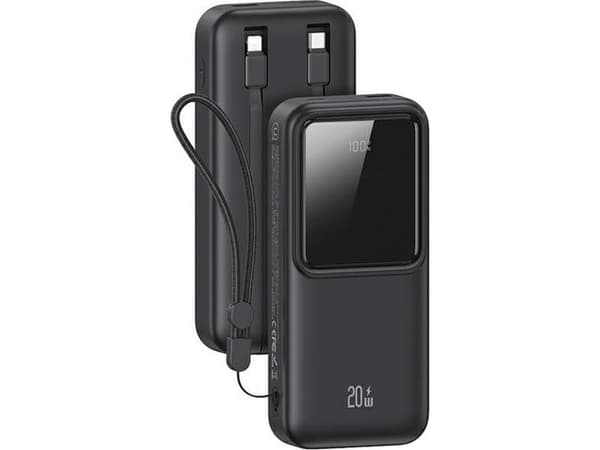UPS Usams USAMS Powerbank med innebygde USB-C+Lightning-kabler 30000 mAh 20W PD+Qc 3.0 Fast Charge X-chel Series svart/svart 30KCD21301 (US-CD213)
