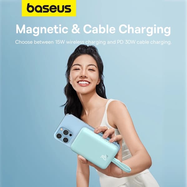 Baseus Magsafe Powerbank 10000mAh 20W Med Built-in Lightning Kabel - Blå