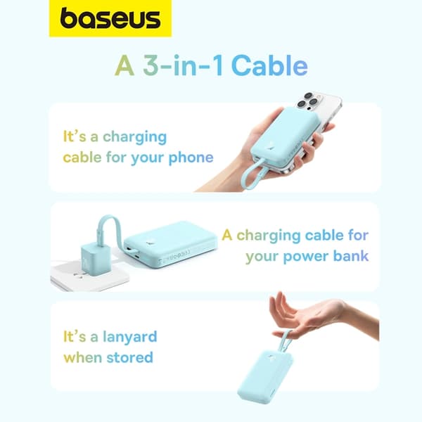 Baseus Magsafe Powerbank 10000mAh 20W Med Built-in Lightning Kabel - Blå
