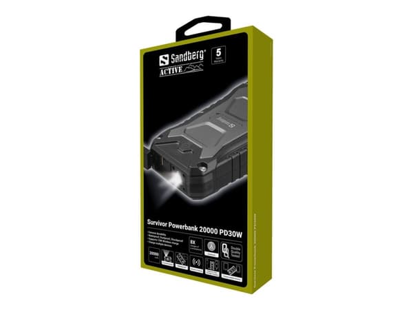 Sandberg Survivor Powerbank 20000 PD30W, 20000 mAh, Langaton lataus, Musta