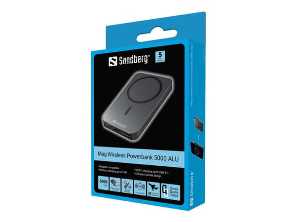 Sandberg 5000 ALU - Trådløs nødlader - Li - 5000 mAh - 19.25 Wh - 20 watt - 3 A (24 pin USB-C)