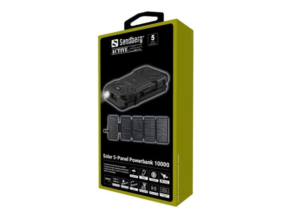 Sandberg Solar 5-paneeli Powerbank 10000, 10000 mAh, ohjelmoitava virtalähde (PPS), langaton lataus, musta