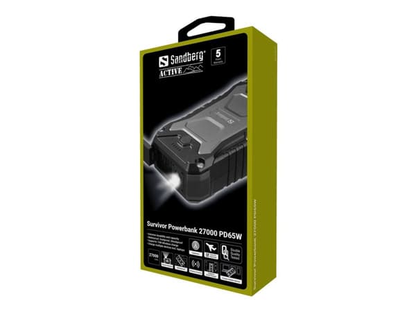 Sandberg Active Survivor - Strømbank - PD - 5 / 9 / 12 / 15 V - 65 watt - 27000 mAh - 99.9 Wh - utgangskontakter: 4