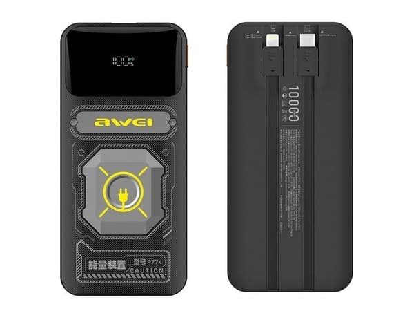 AWEI PowerBank su innebygd Lightning/USB-C-kabel P77K 10000mAh juoda/juodas 22,5W