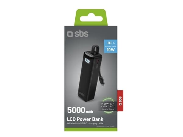 Powerbank SBS 5000mAh, 10W, LCD, integrert kabel, sort