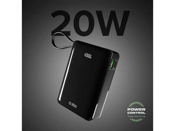 Powerbank SBS 20000mAh, 20W, LCD, integrert kabel, sort