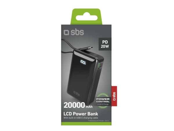 Powerbank SBS 20000mAh, 20W, LCD, integrert kabel, sort