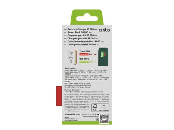 SBS TTBB10000LCDTCPD20G, 10000 mAh, Adaptive Fast Charging, Power Delivery, Grønn
