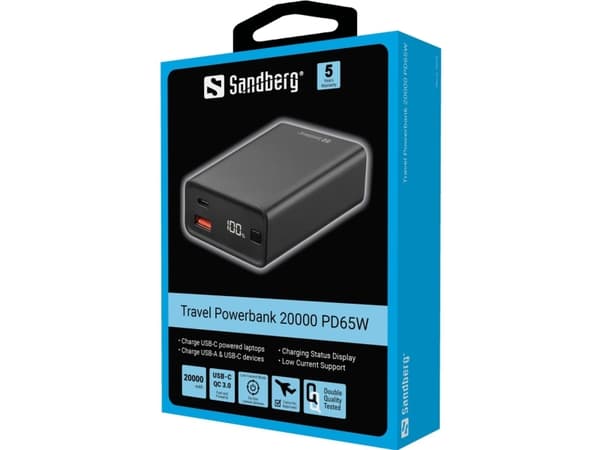 Sandberg Travel Powerbank 20000 PD65W, 20000 mAh, Lithium-Ion (Li-Ion), Power Delivery, Sort