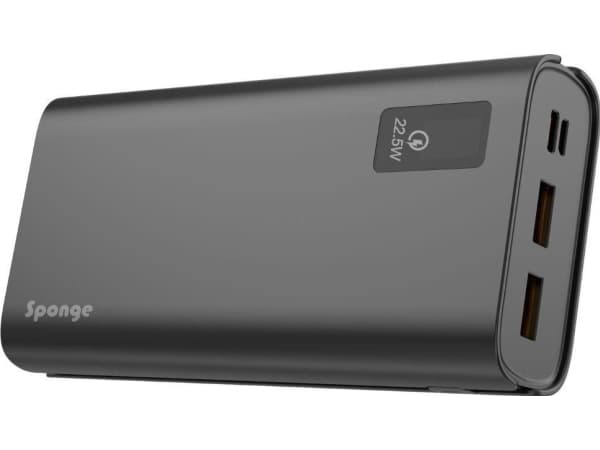 Sponge Energy - Strømbank - 20000 mAh - 22.5 watt - 3 A - QC - 3 utgangskontakter (24 pin USB-C, 2 x USB)