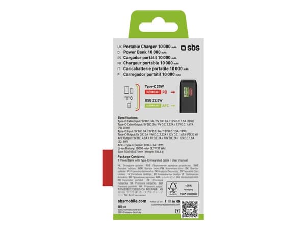 SBS TTBB10000LCDTCPD20K, 10000 mAh, Litium-Ion (Li-Ion), Adaptive Fast Charging, 3,7 V, Svart