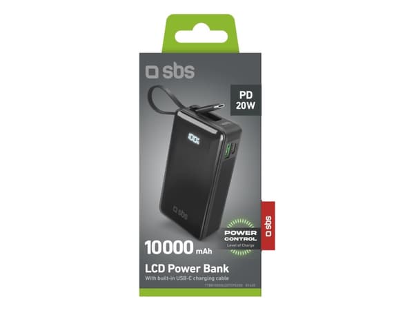 SBS TTBB10000LCDTCPD20K, 10000 mAh, Litium-Ion (Li-Ion), Adaptive Fast Charging, 3,7 V, Svart