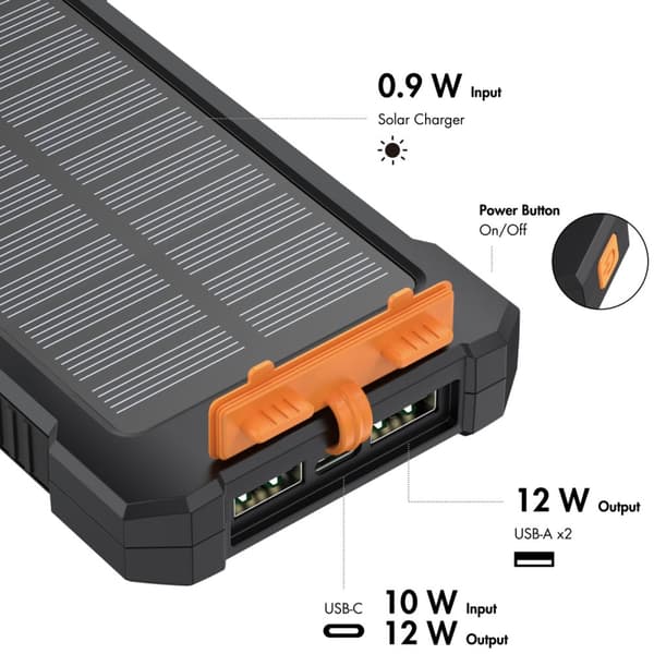 LogiLink Solenergibank 10.000 mAh 2xUSB-A + USB-C inn/ut 12W