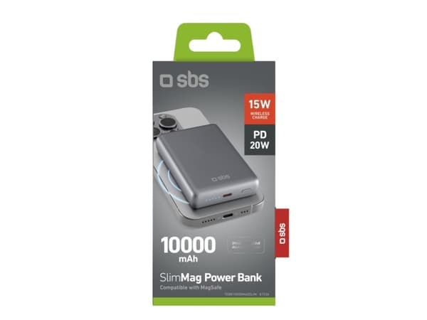 SBS TEBB10000MAGSLIM, 10000 mAh, Power Delivery, Trådlös laddning, 20 W, Grå