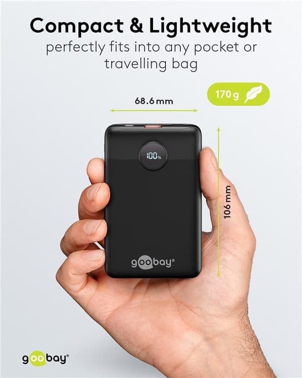 Goobay Powerbank compact 10.000 mAh praktisk og plassbesparende design med 10.000 mAh, ideell for reiser
