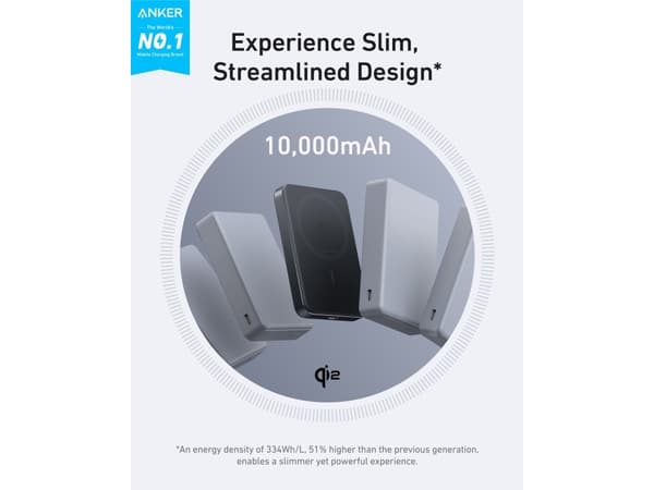 Anker MagGo - Trådløs nødlader - slank - 10000 mAh - 30 watt - PD (24 pin USB-C) - på kabel: USB-C - steinsvart