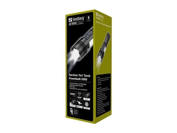Sandberg Survivor 7in1 Torch Powerbank 5000, Hand flashlight, Black, Aluminium, LED, 2 lamp(s), 200 lm