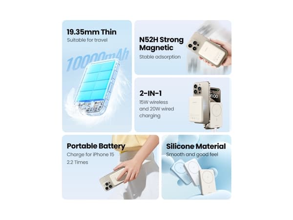 Ugreen 25208, 10000 mAh, Power Delivery 3.0, Trådløs lading, Beige