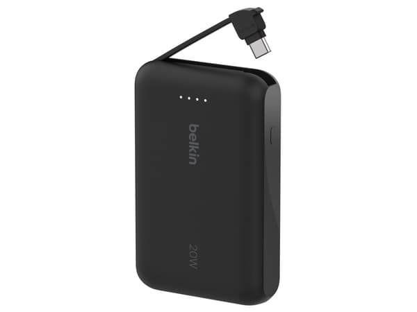 Belkin BoostCharge - Strømbank - med integrert kabel - 10000 mAh - 20 watt - 3 A - Fast Charge - 2 utgangskontakter (24 pin USB-C) - svart