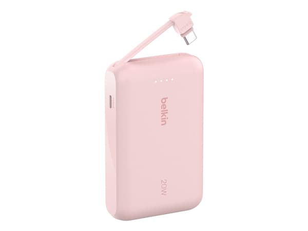 Belkin BoostCharge - Strømbank - med integrert kabel - 10000 mAh - 20 watt - 3 A - Fast Charge - 2 utgangskontakter (24 pin USB-C) - rosa