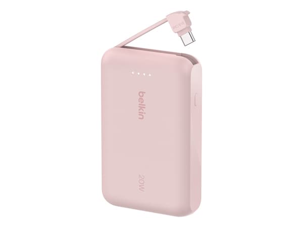 Belkin BoostCharge - Strømbank - med integrert kabel - 10000 mAh - 20 watt - 3 A - Fast Charge - 2 utgangskontakter (24 pin USB-C) - rosa