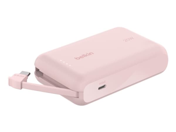 Belkin BoostCharge - Strømbank - med integrert kabel - 10000 mAh - 20 watt - 3 A - Fast Charge - 2 utgangskontakter (24 pin USB-C) - rosa