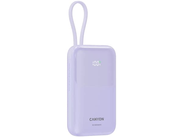 Canyon power bank OnPower 101 built-in cable 10000 mAh PD22.5W Violetin, 10000 mAh, Lithium-Ion (Li-Ion), Lilla