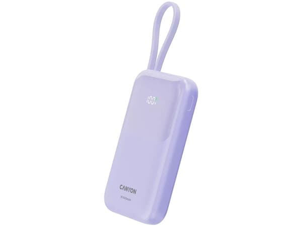 Canyon power bank OnPower 101 built-in cable 10000 mAh PD22.5W Violetin, 10000 mAh, Lithium-Ion (Li-Ion), Lilla