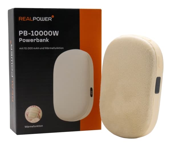 RealPower Powerbank PB-10000W,10000 mAh,beige,lämmitystoiminto
