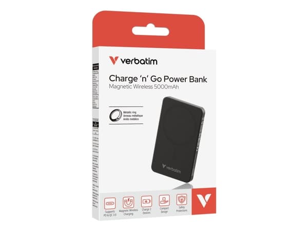 Verbatim Charge ''n'' Go Essentials, 5000 mAh, Quick Charge 3.0, Trådløs lading, 35 W, Sort