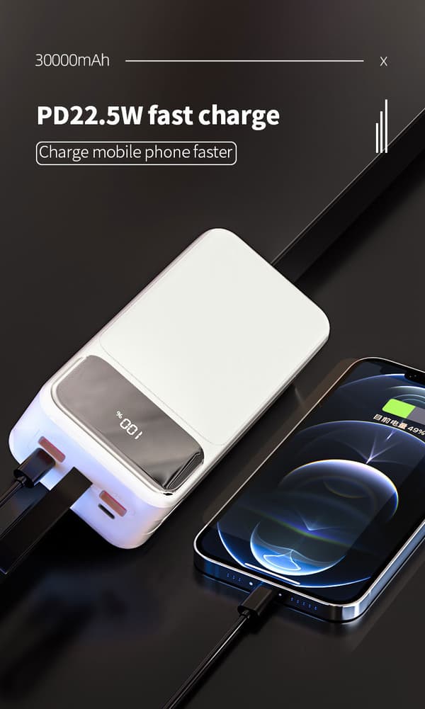 Powerbank 30000mAh 22.5W PD Snabbladdning m. digital display, Svart