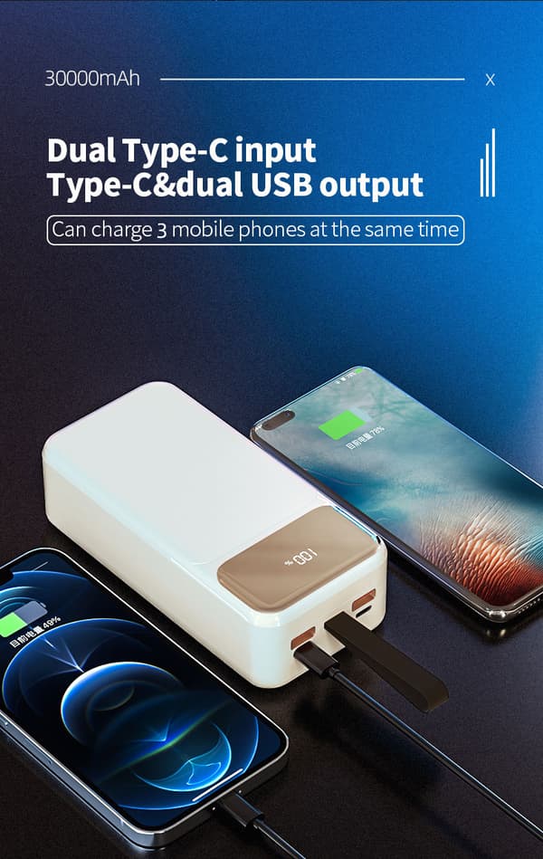 Powerbank 30000mAh 22.5W PD Snabbladdning m. digital display, Svart