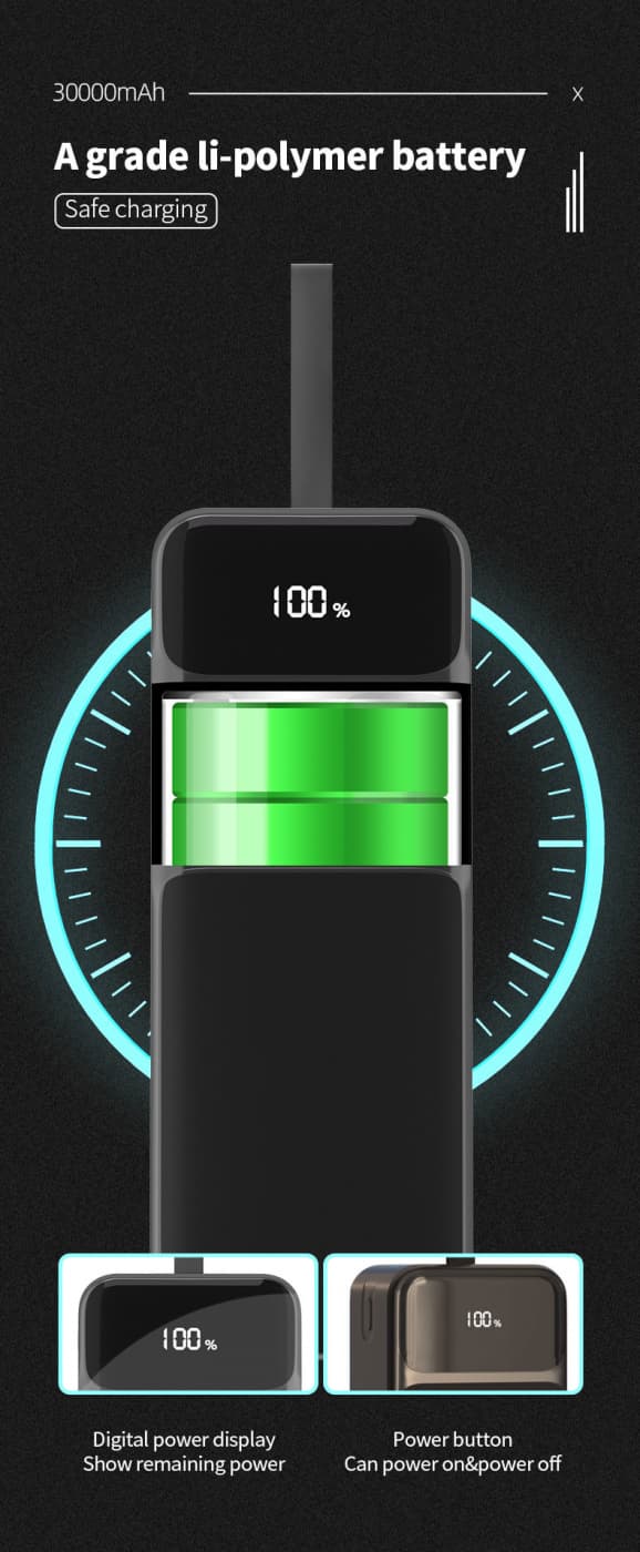 Powerbank 30000mAh 22.5W PD Snabbladdning m. digital display, Svart