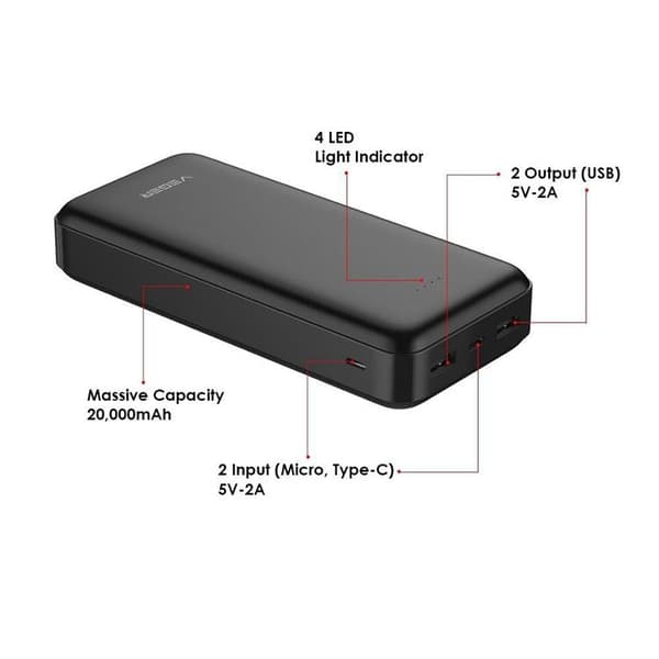 VEGER Powerbank 20000 mAh 2A A20 - Svart