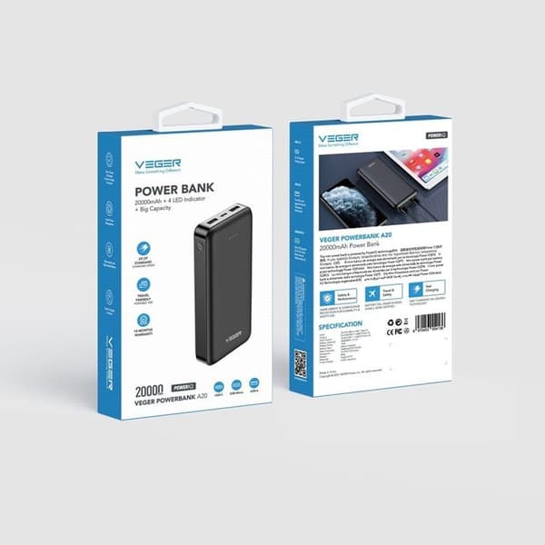 VEGER Powerbank 20000 mAh 2A A20 - Svart