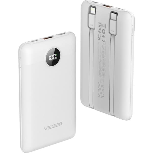 VEGER Powerbank 10000 mAh 22.5W med Lightning/Typ-C Kabel - Vit