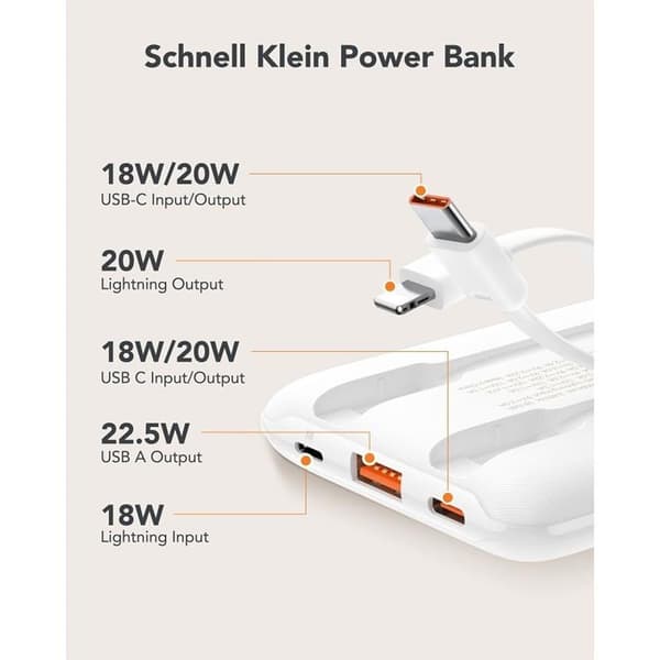 VEGER Powerbank 10000 mAh 22.5W med Lightning/Typ-C Kabel - Vit