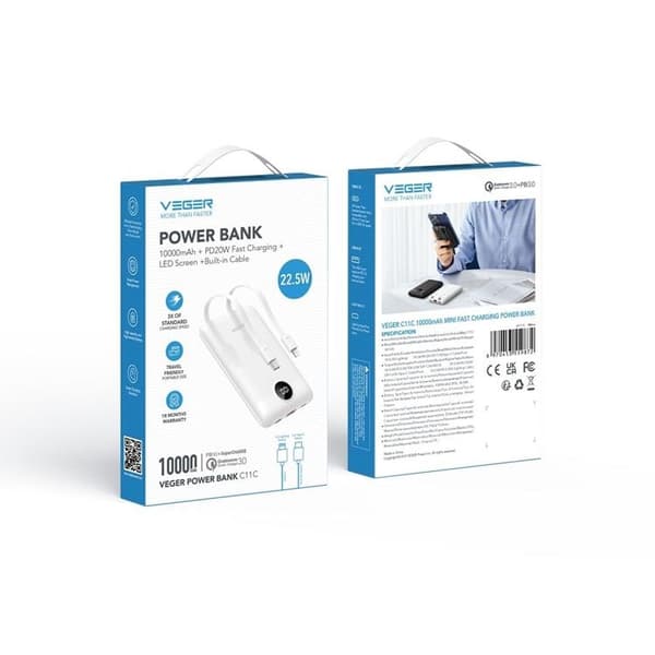 VEGER Powerbank 10000 mAh 22.5W med Lightning/Typ-C Kabel - Vit