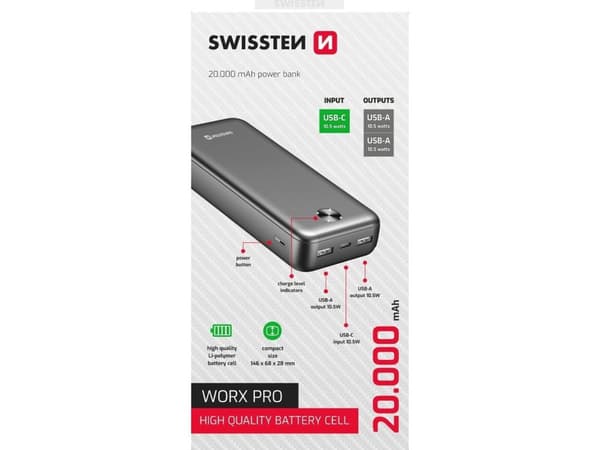 SWISSTEN, Powerbank, WORX PRO, Li-Pol, 5/9/12V, for lading av telefoner og andre enheter, 22013961, 20000mAh, svart