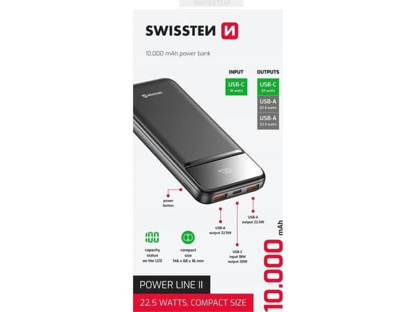 SWISSTEN, Powerbank, POWER LINE II, Li-Pol, 5/9/12V, for lading av telefoner og andre enheter, 22013916, 10000mAh, svart