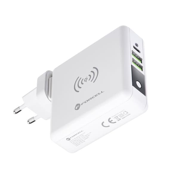 Forcell 4in1 Väggladdare USB/USB-C och Powerbank 8000 mAh 15W - Vit
