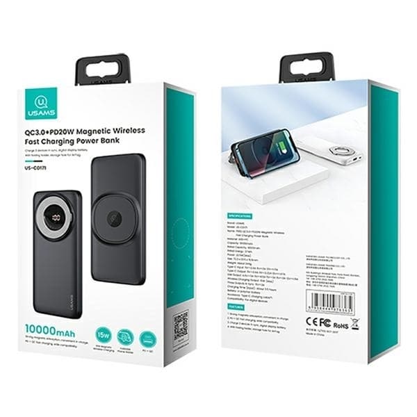 USAMS Magnetisk Trådlös Powerbank 10000mAh 20W PD QC 3.0 - Blå
