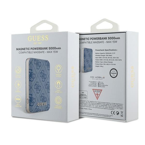 Guess Trådlös MagSafe Powerbank 5000mAh 15W 4G Metall Logo - Blå