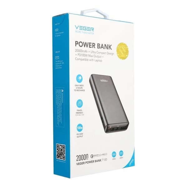 VEGER Powerbank 20000 mAh 100W PD QC 3.0 5A T100 - Svart