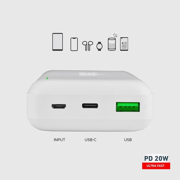 SBS Powerbank 20000mAh Med MicroUSB - USB-C - USB-A - Vit