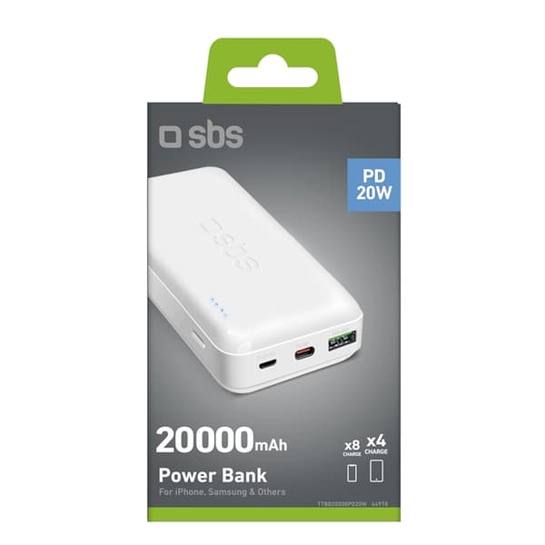 SBS Powerbank 20000mAh Med MicroUSB - USB-C - USB-A - Vit