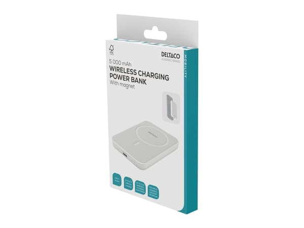 DELTACO PB-Q1006 - Powerbank - magneetti, jopa 15W langaton lataus - 5000 mAh - 19.25 Wh - 20 Watt (24 pin USB-C) - hvid