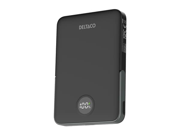 DELTACO PB-Q1007 - Strømbank - stand, magnet, up to 15W wireless charging - 5000 mAh - 19.25 Wh - 20 watt (24 pin USB-C) - svart