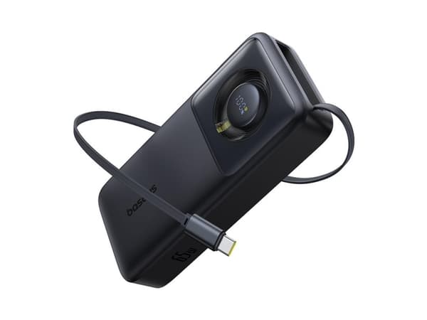 Baseus Free2Pull 20000mAh 65W Powerbank + innebygd USB-C-kabel 70cm (svart) Sort