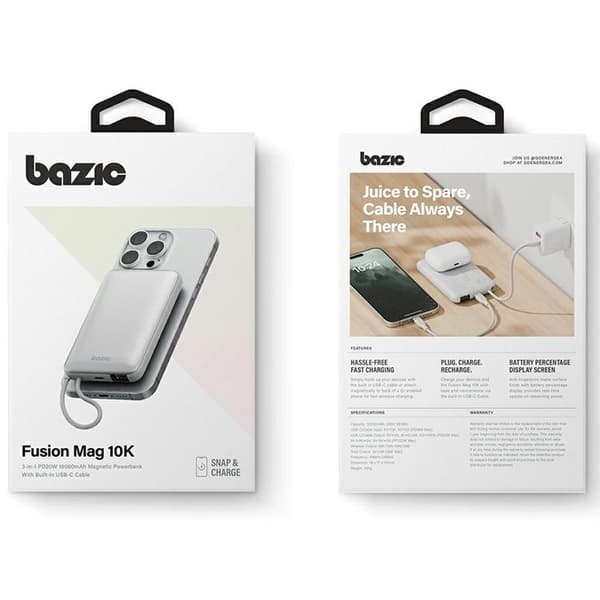 Bazic Fusion MagSafe PowerBank 10000mAh med USB-C Kabel - Grå